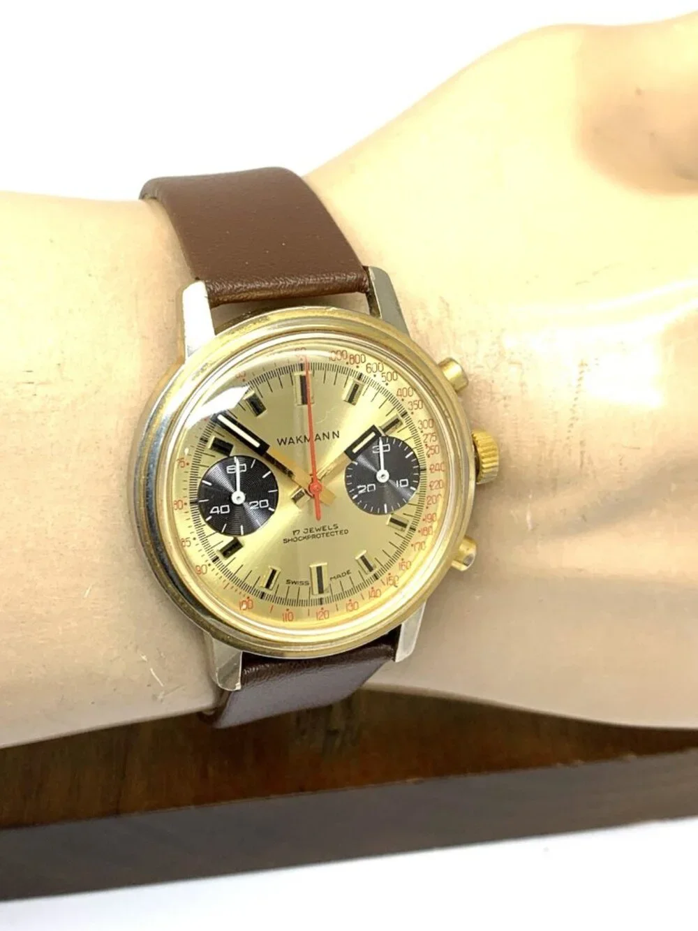 Wakmann Men's Watch Vintage Swiss Manual Wind 1376 Chronograph Gold Dial 37mm